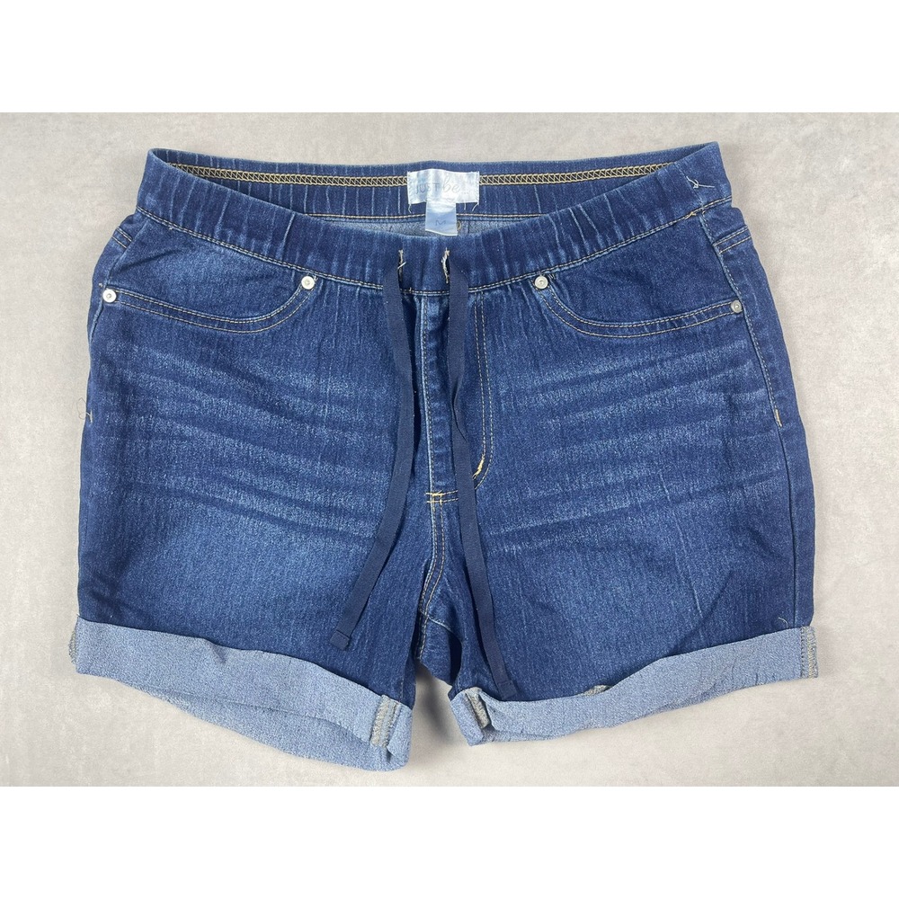 Just Be Womens Blue Denim Drawstring Shorts Size M Dark Wash Cuffed Stretch